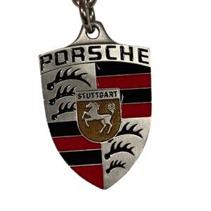 Porsche Stuttgart Black Red Enamel Pewter Keychain Made in Canada